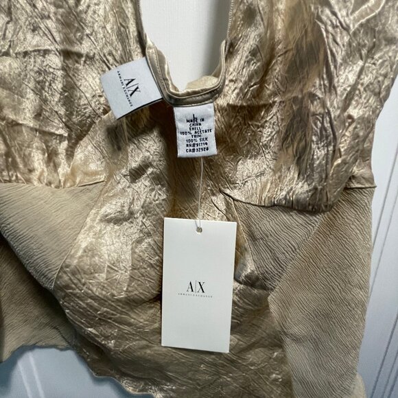 NEW Armani Exchange Silk Gold Halter Top Women's Large Fawn metallic tank NWT - Picture 2 of 7